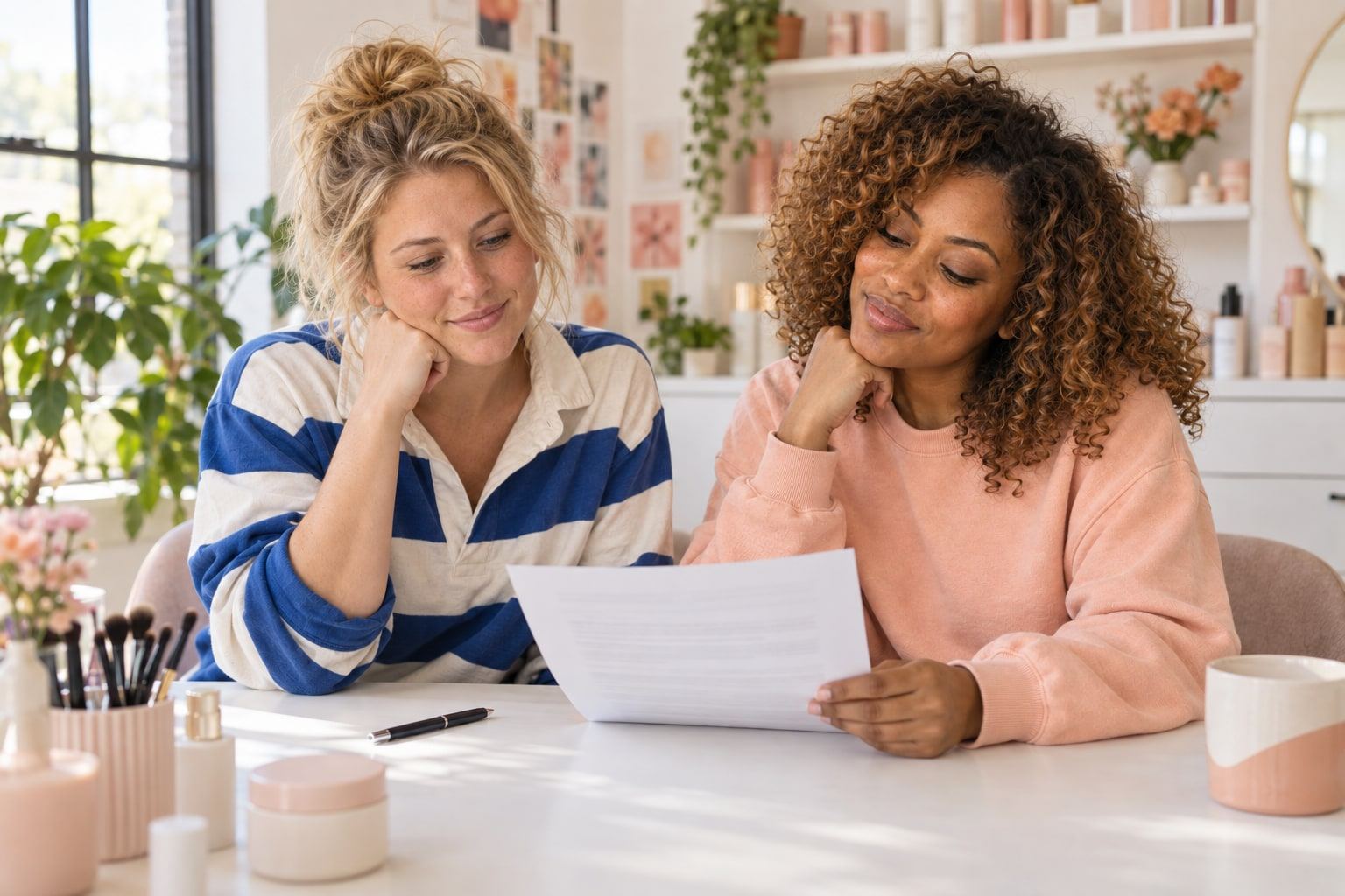 Two women read through papers side by side at a table in a bright beauty studio.