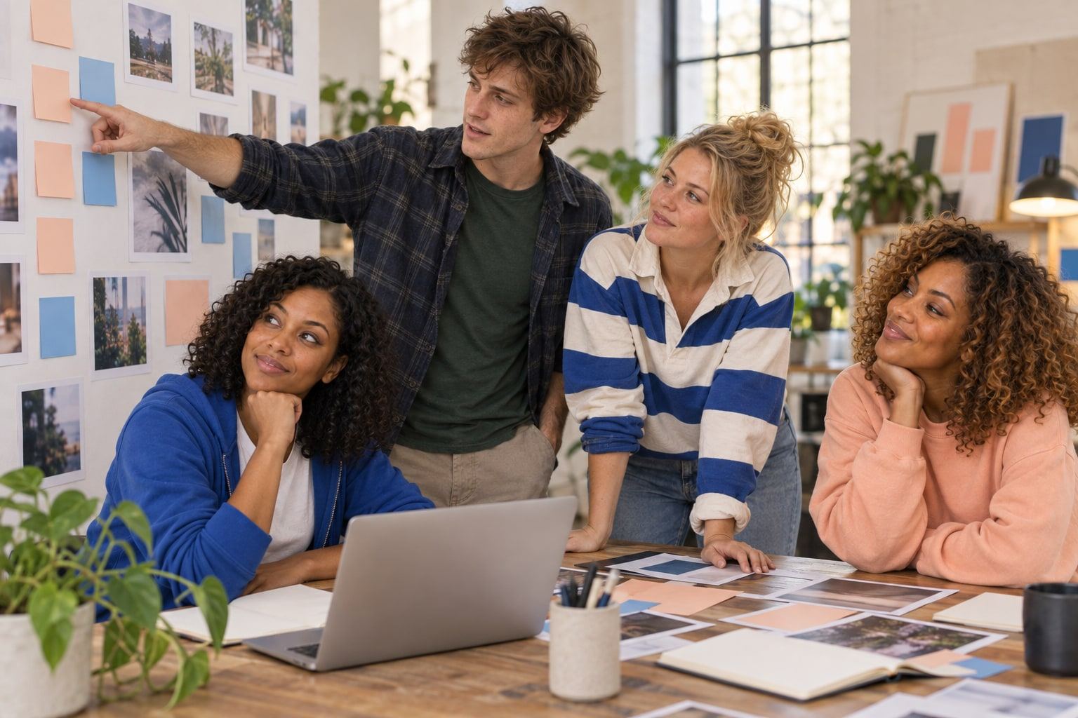 Four people talk through photo prints and blank notes pinned to a studio wall.