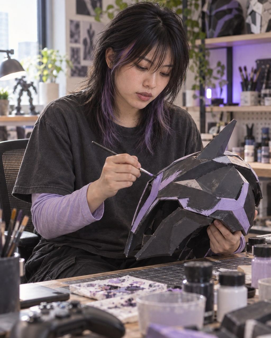 Under purple lighting, a woman paints a geometric helmet at her craft desk.