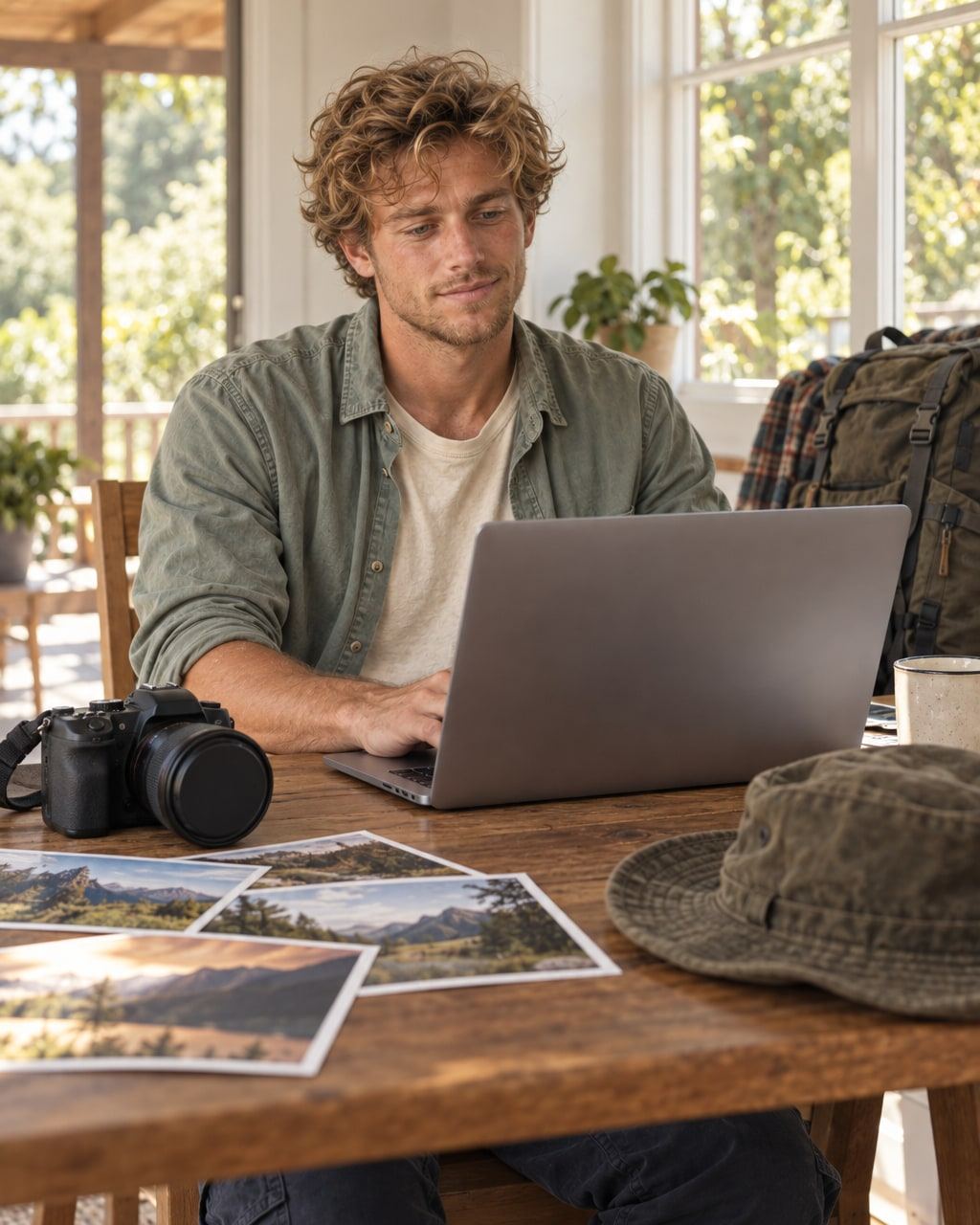 A man edits photos at a window, with landscape prints and travel gear nearby.