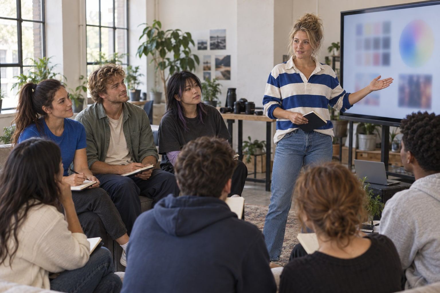 A woman presents blurred charts to a seated group holding notebooks.