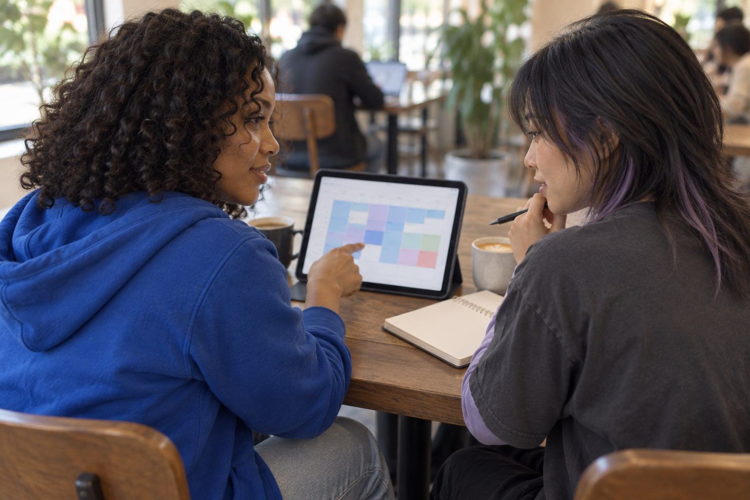 Two women look over a tablet together next to coffee cups at a café table.