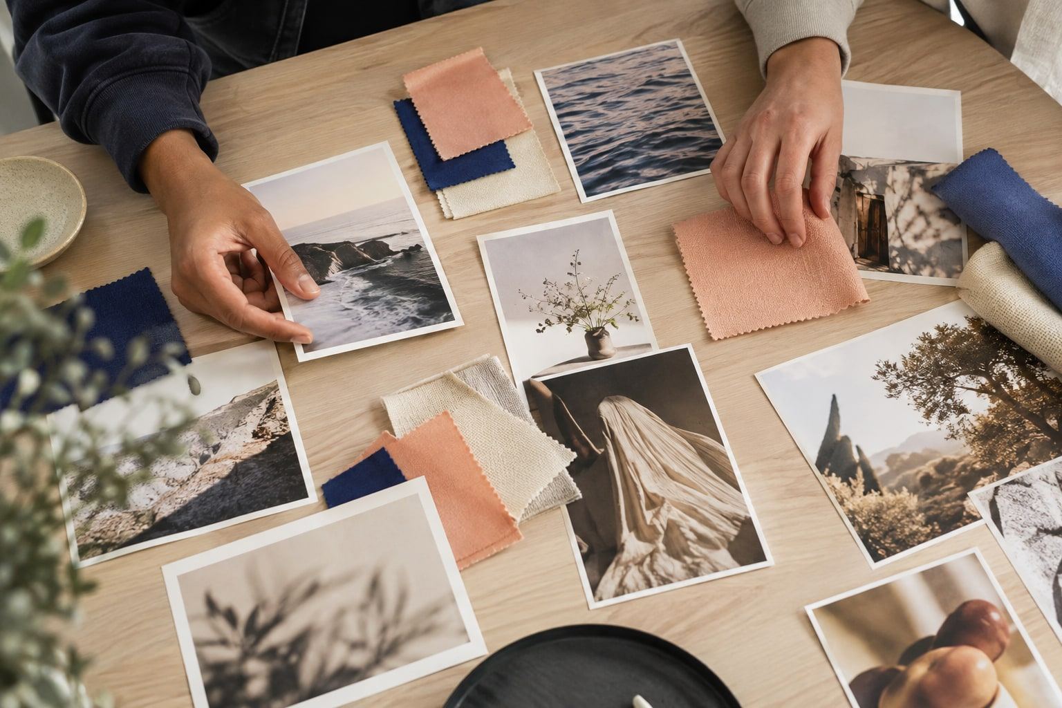 Hands lay out photo prints and fabric swatches across a pale wooden table.
