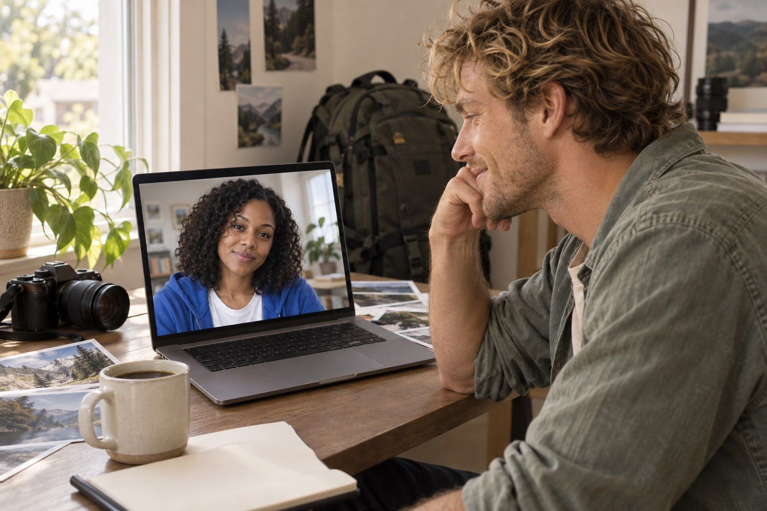 A man takes part in a video call on his laptop at a bright home desk.