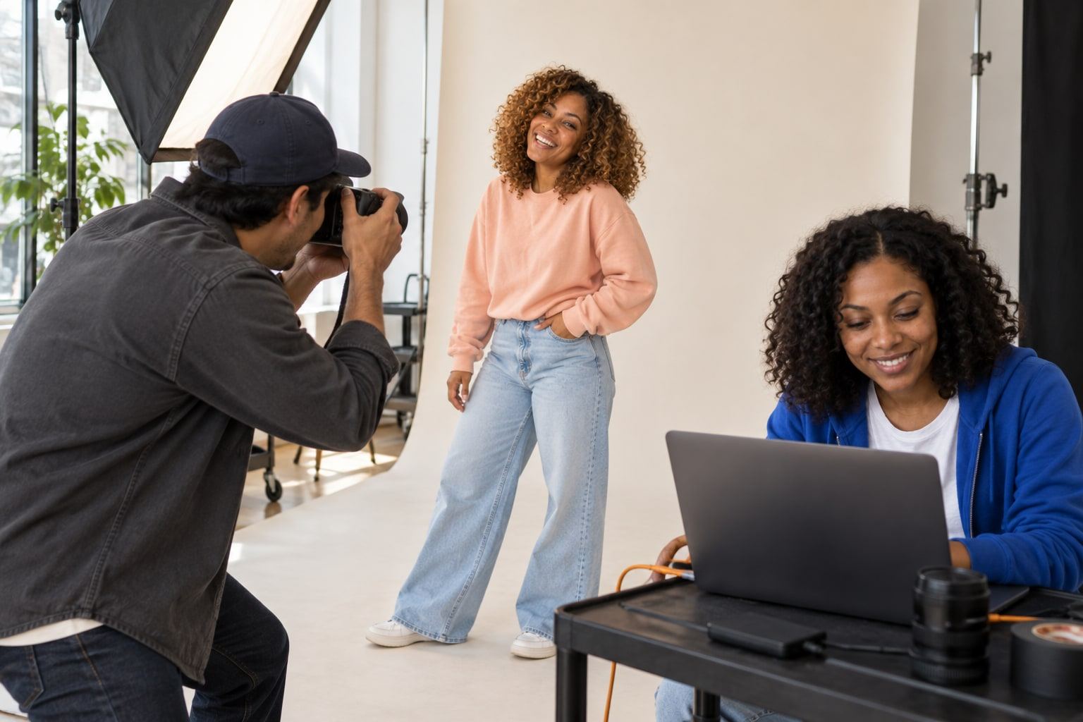A woman laughs in front of a backdrop as two people handle camera gear.