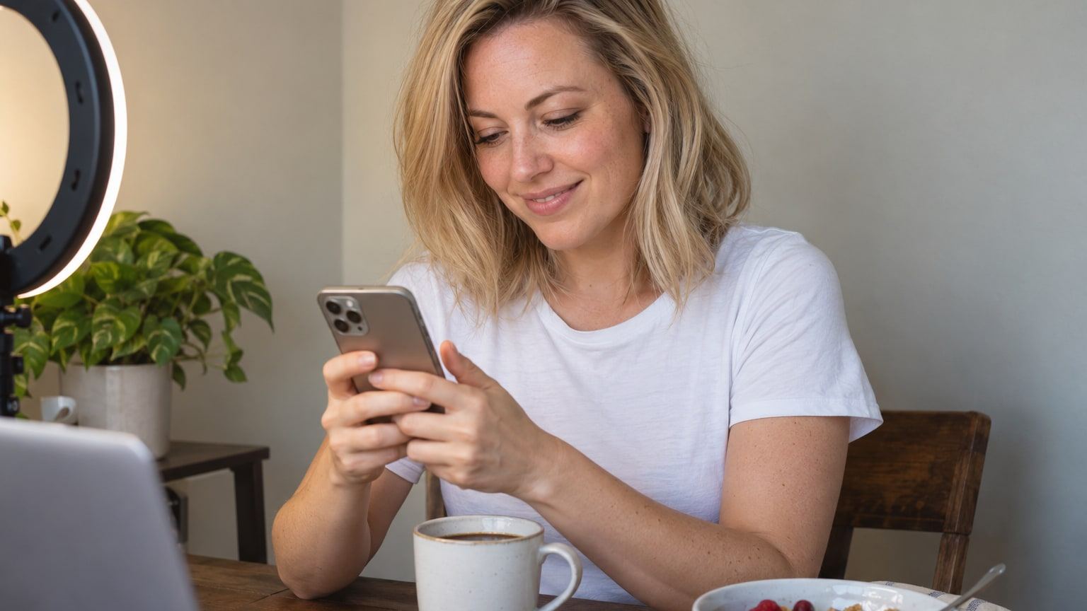 Woman with shoulder-length blonde hair smiles at her phone at a breakfast table.