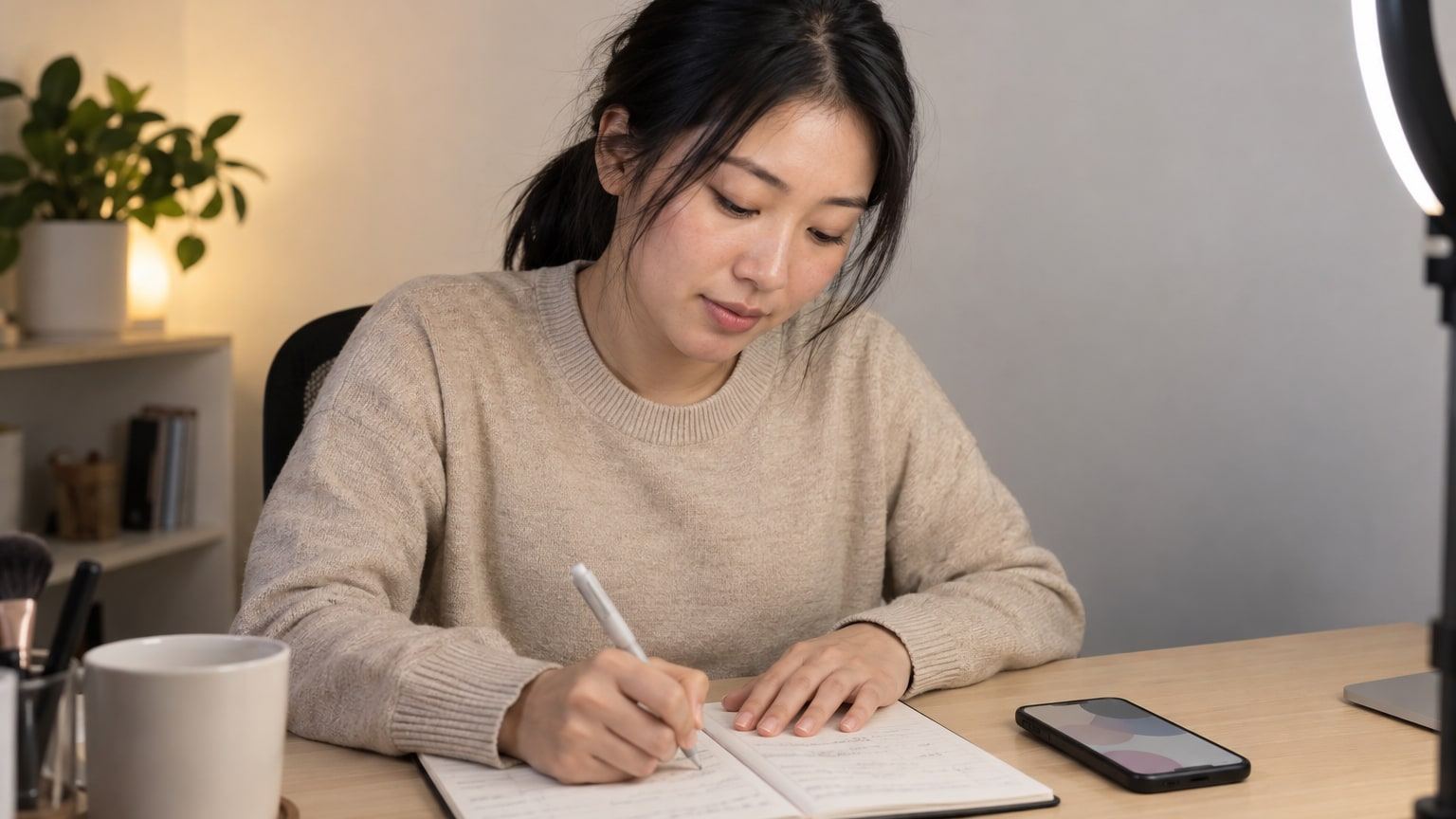 Woman with a low black ponytail writes in a paper planner beside her phone.