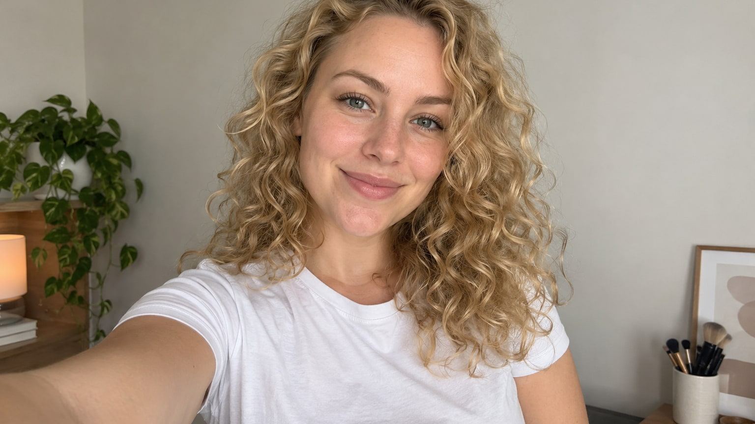 Woman with curly blonde hair takes a natural-light selfie against a plain wall.