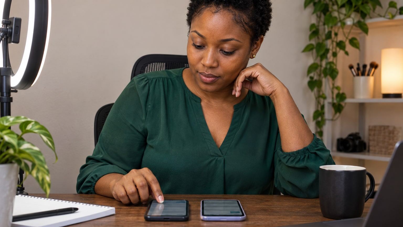 Woman with short cropped hair looks between two phones lying on a desk.