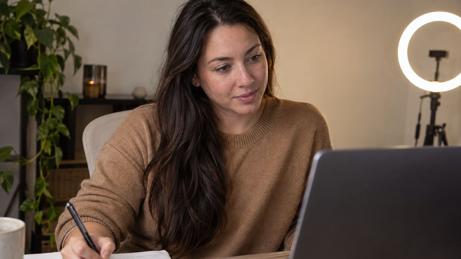 Woman with long dark hair takes notes during a video call on her laptop.