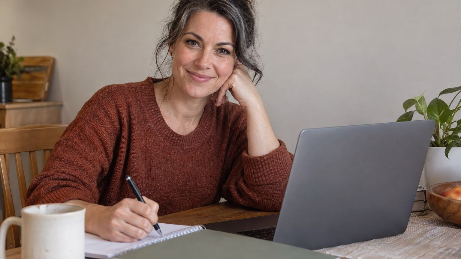 Smiling woman with silver-streaked dark hair sits at a kitchen table with a laptop.