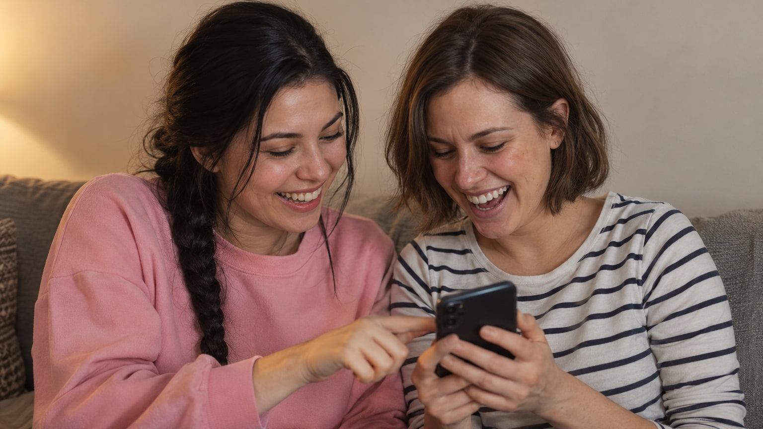 Two women on a couch laugh while looking at one phone together.