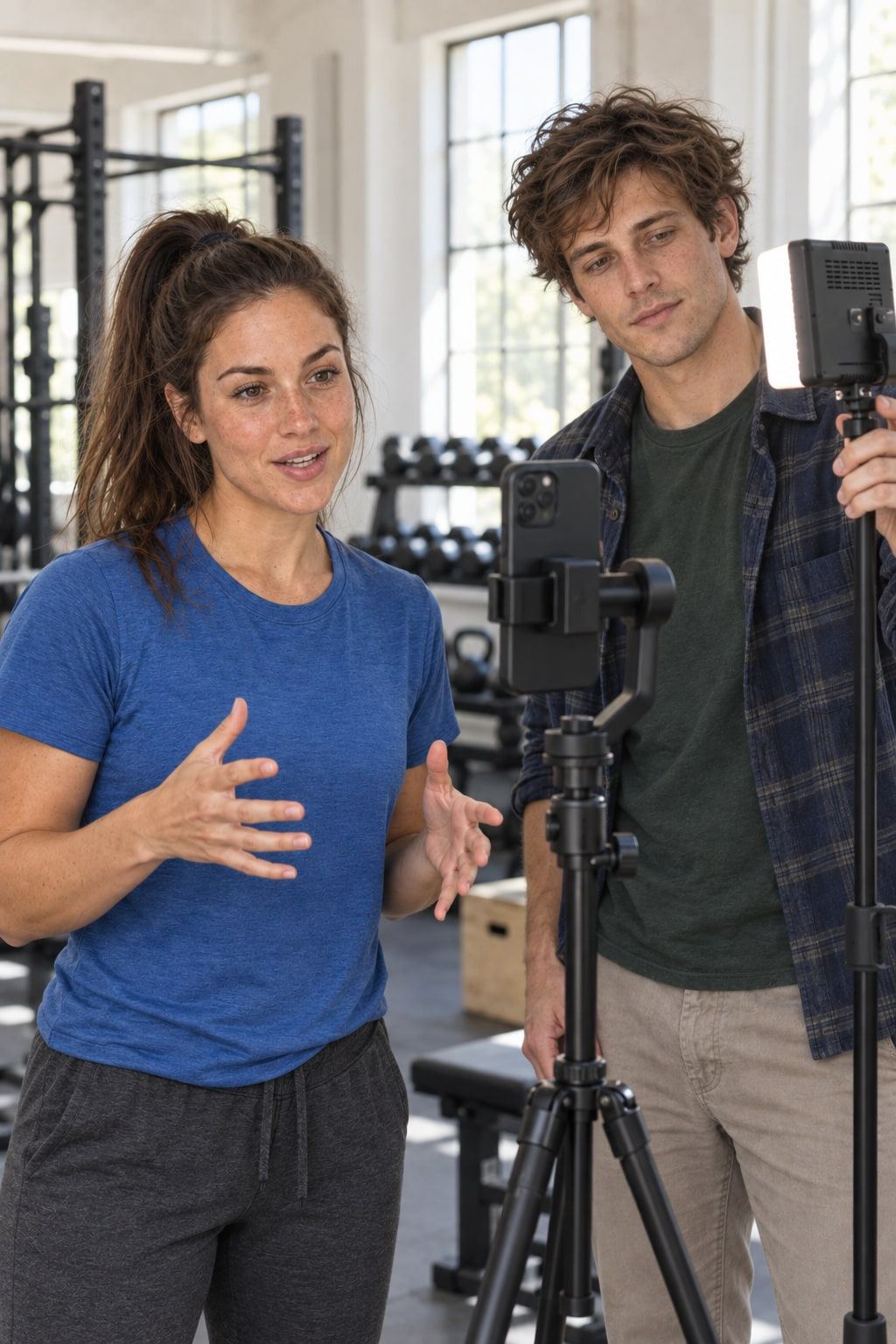 Two people film a short video in a gym using a phone and portable light.