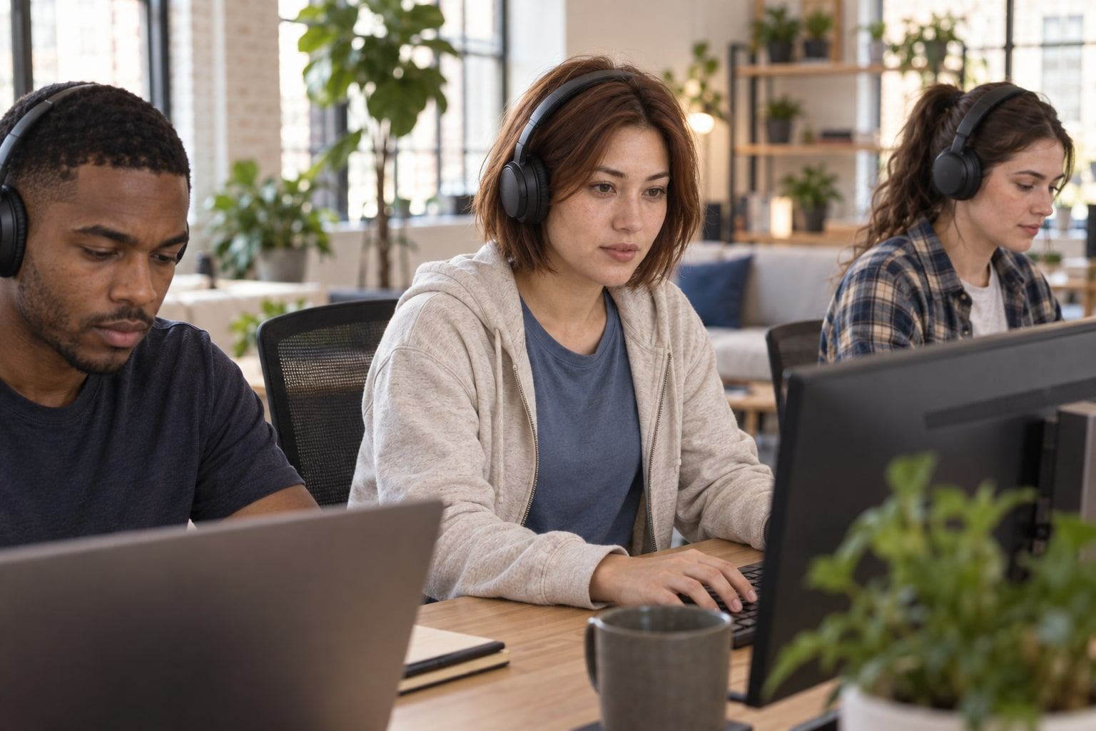 Three people in headphones work at neat desks in a bright office.