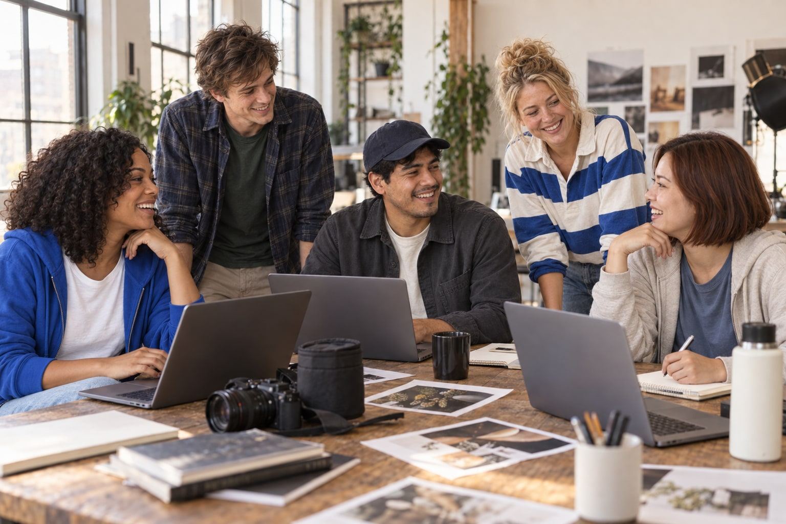 Five people share a laugh around laptops and scattered photo prints in a sunlit loft.