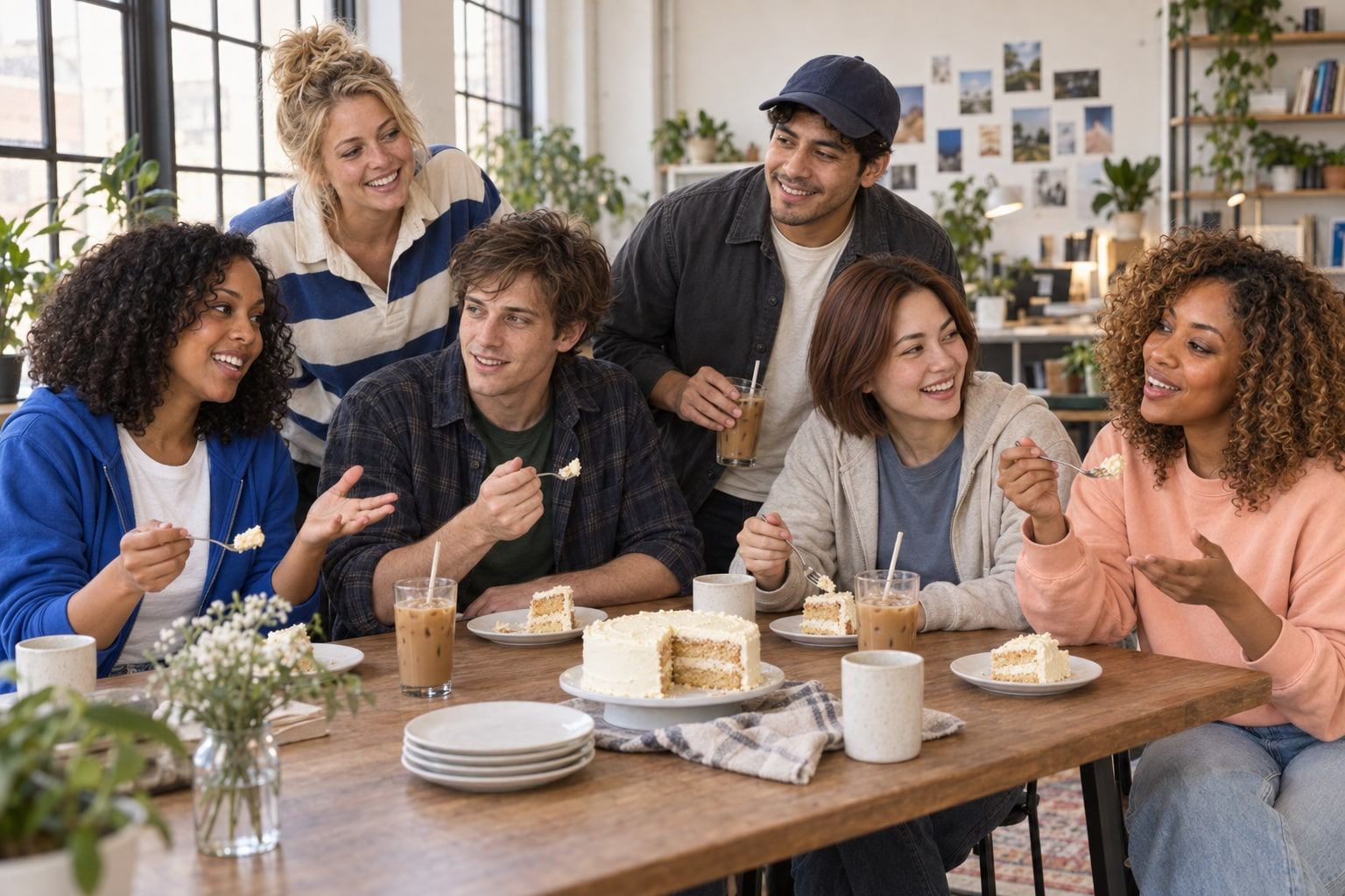 Six people gather around a sunny office table with cake and coffee.